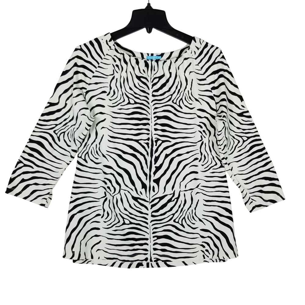 J.McLaughlin Blouse Women XL White Black Zebra Print 3/4 Sleeve Boat Neck Top